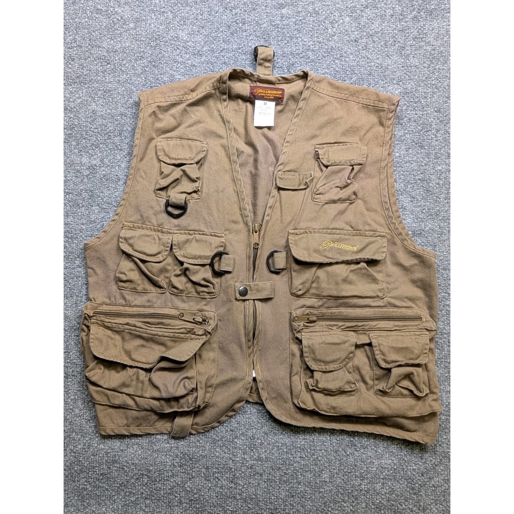 Pflueger Fly Fishing Vest Mens Medium Brown Cotton Multi-Pocket Utility Outdoor